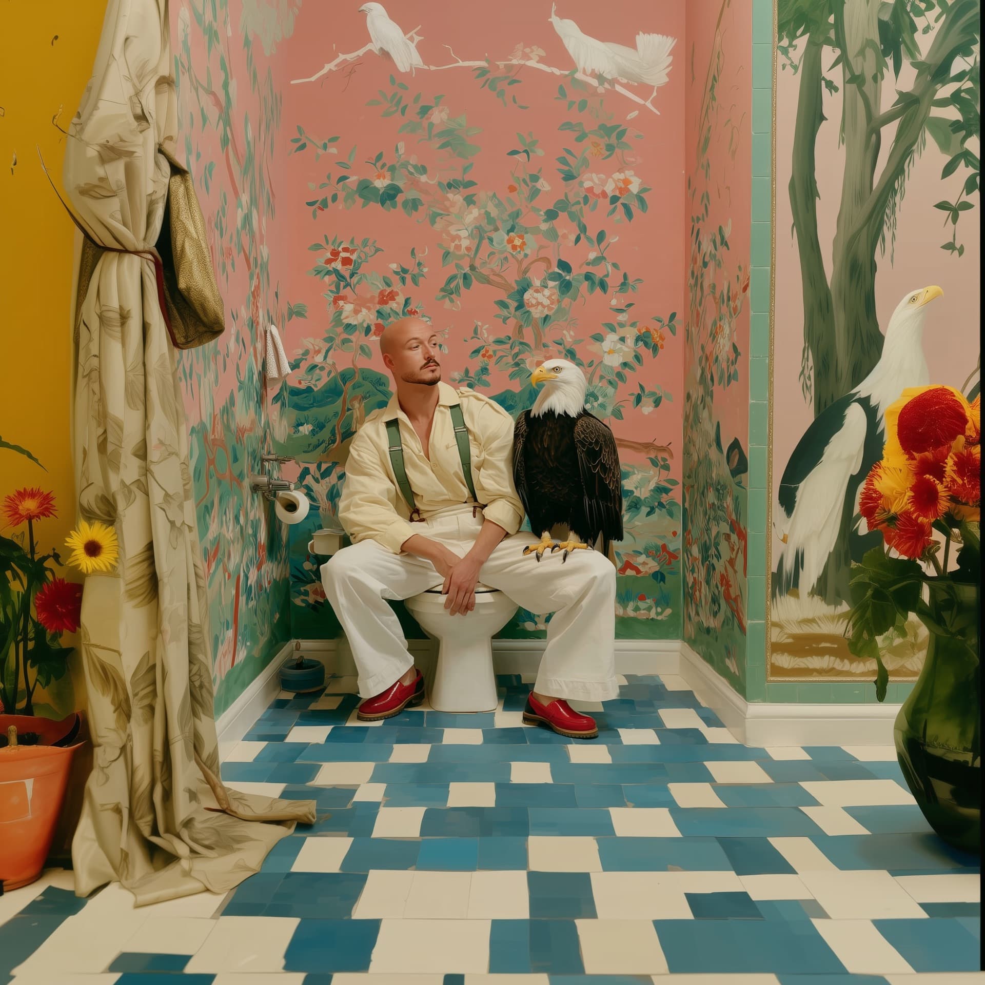 Vojta sitting on a toilet in a painted bathroom, a bald eagle perched on his knee